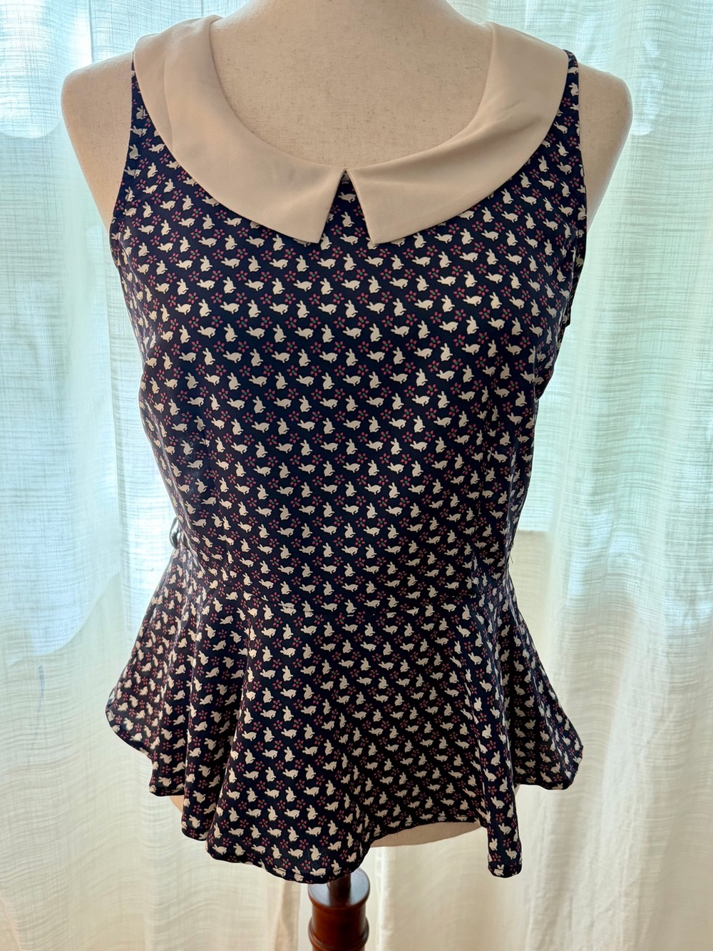 MARELLA Navy Floral Peplum Tank with Cream Peter Pan Collar